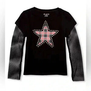 Girls Long Mesh Sleeve Glitter Graphic Top - Black (XXL)